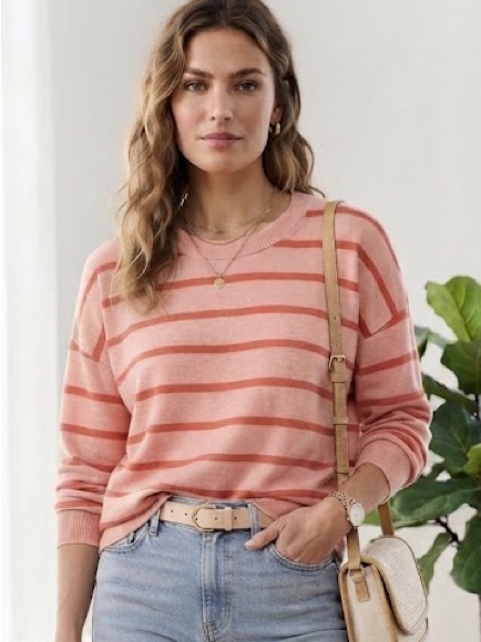 New Gap Coral Striped Lightweight Crewneck Sweater L